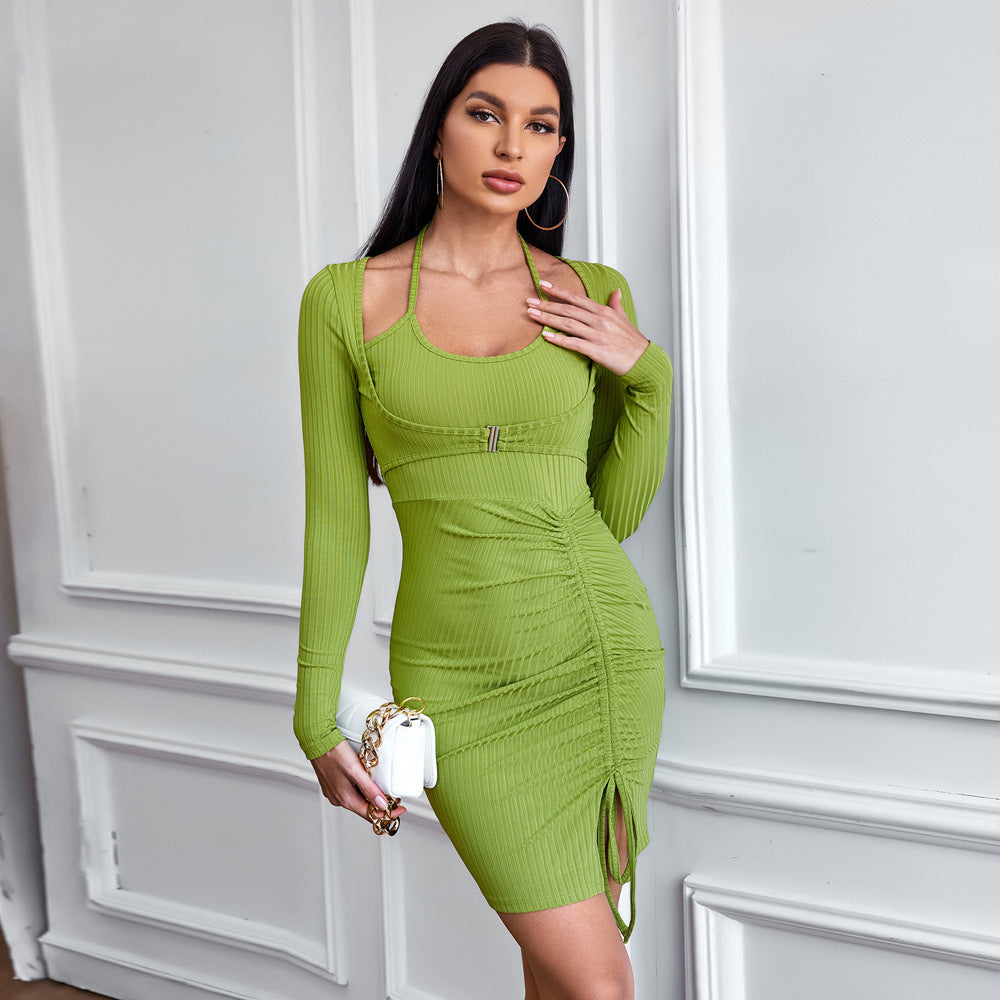 Women Clothing Faux Two Piece Pleating Slim Fit Hip Knitted Long Sleeve Short Dress Mini Dress Green