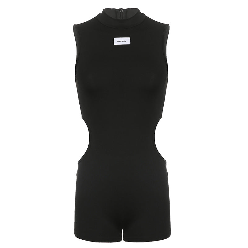 Summer Sports Sexy Half Turtleneck Small Icon Waist-Baring Slim Fit Sleeveless Jumpsuit Black