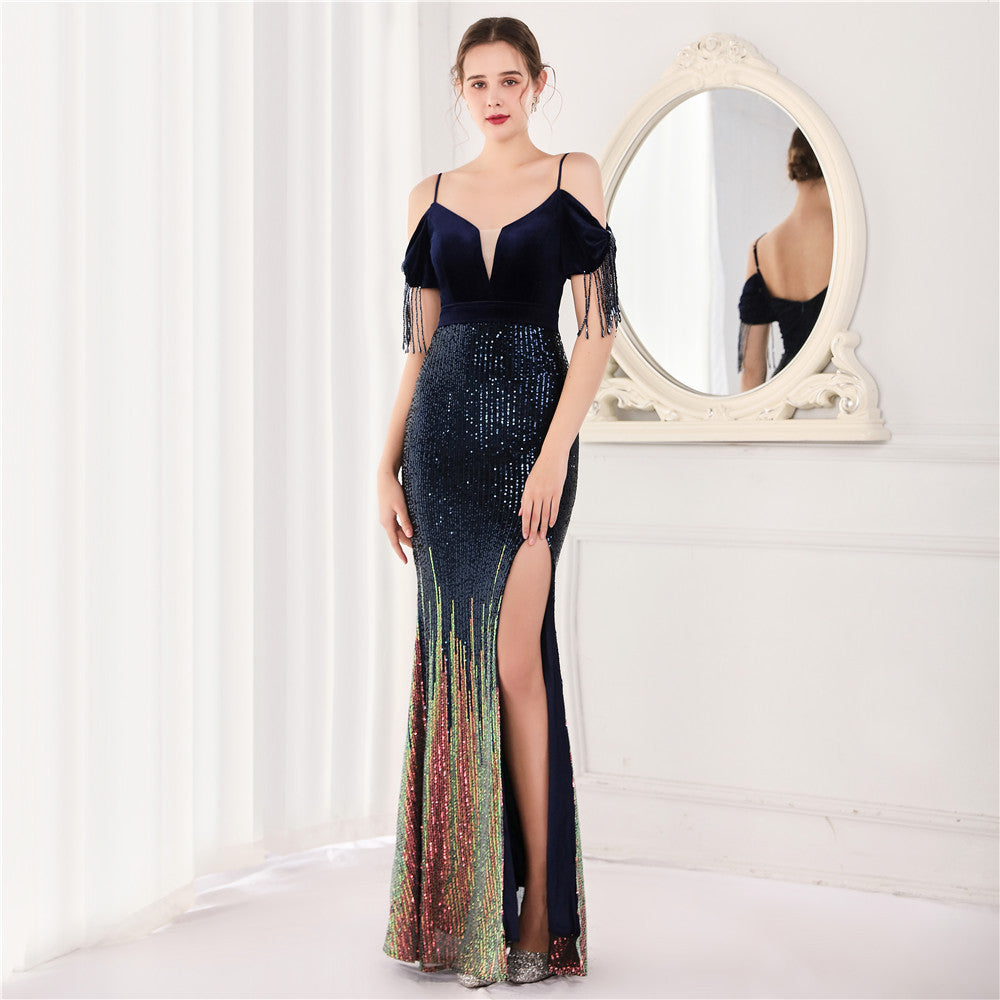 Velvet Spaghetti Straps Cocktail Evening Dress Dress Elegant Company Annual Meeting Women Sexy Long Short Sleeve purplish blue