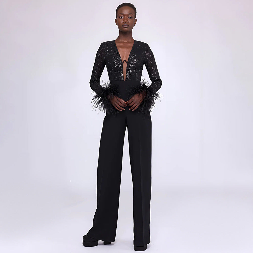 Women Clothing Spring Summer Black Long Sleeved Sequined Feather Jumpsuit Long Leg High Looking Jumpsuit