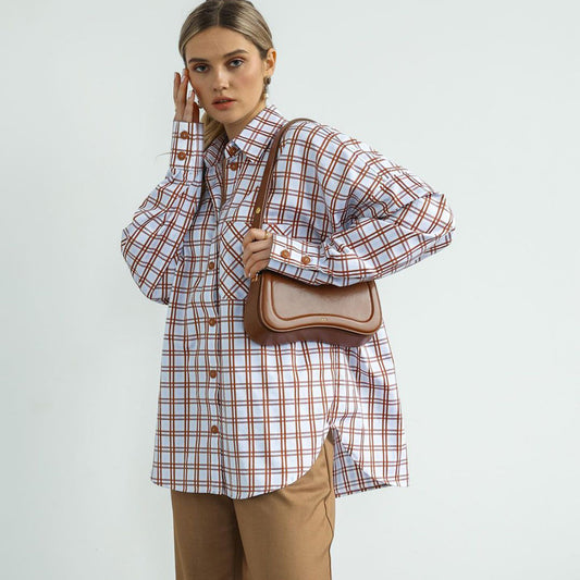 Women Autumn Long Sleeve Plaid Shirt Retro All Matching Collared Loose Shirt