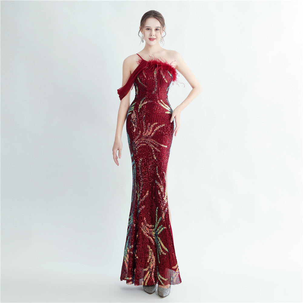 High Density Ostrich Feather Craft Beading High End Evening Dress Burgundy