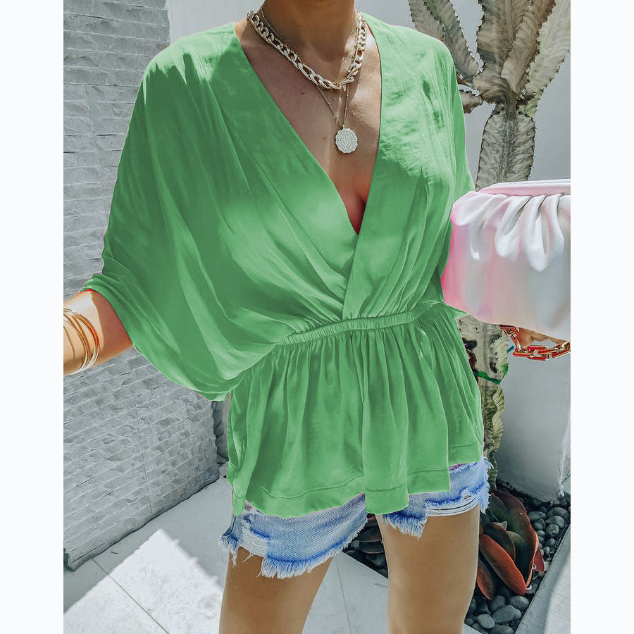 Spring Summer Rayon V-neck Elastic Waist Casual Short Sleeve Shirt Green