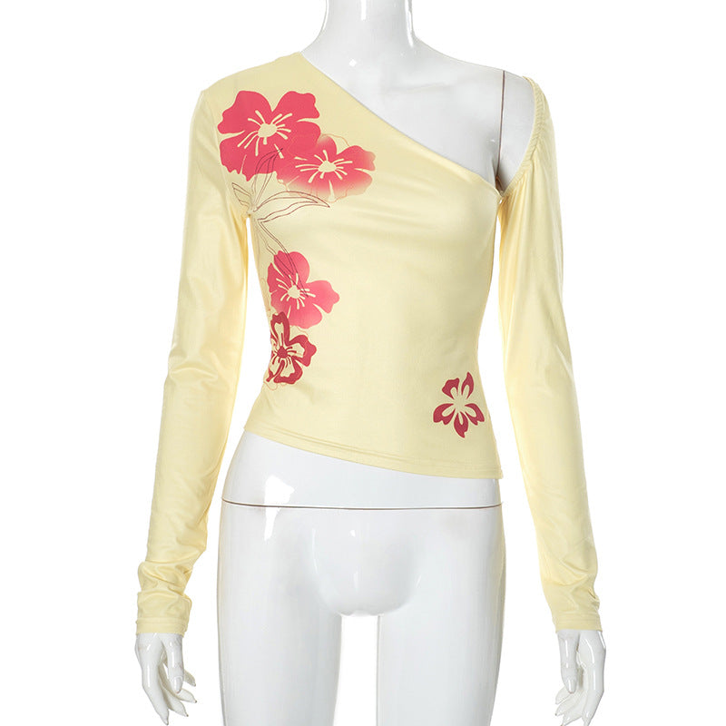 Floral Print Diagonal Neckline Slim Top Women Wear Yellow