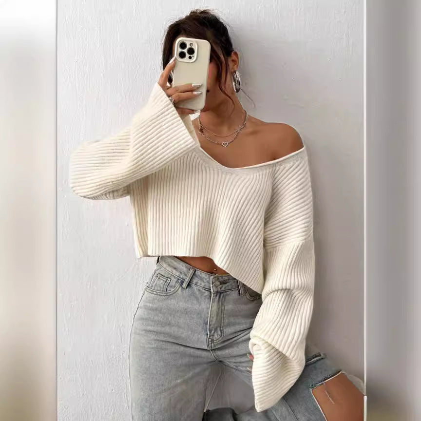 Short Cropped Cropped Cropped Cropped Autumn Winter Loose V neck off Shoulder Short Ribbed Knitted Sweater for Women