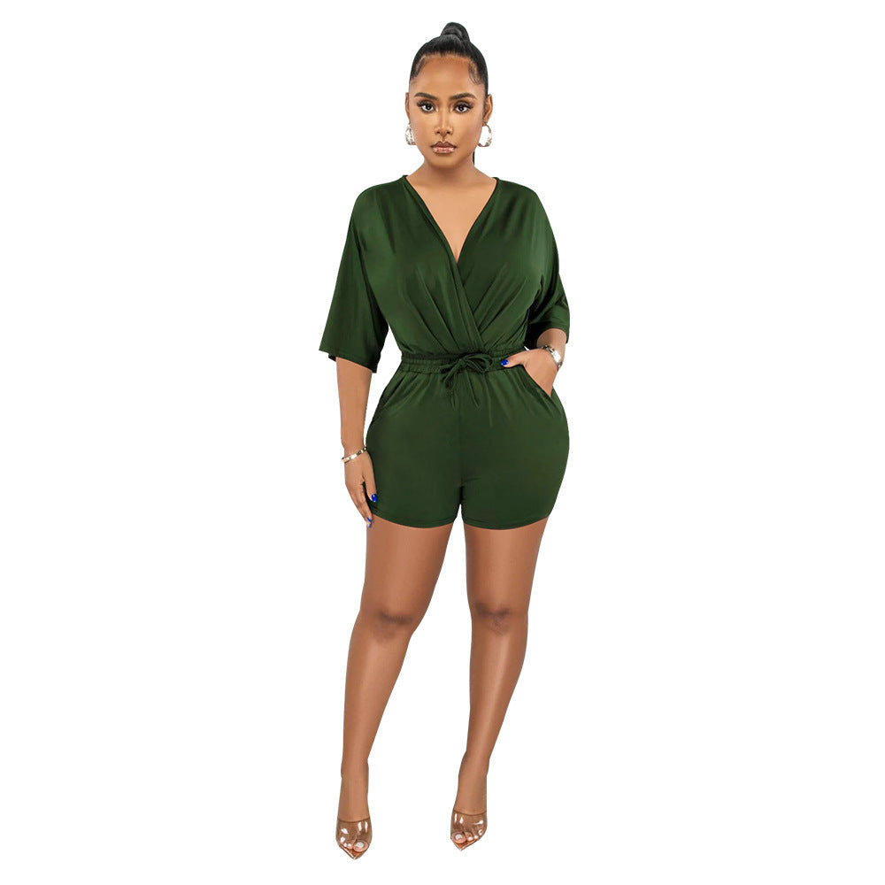 Women Solid Color V Neck Fitted Waist Jumpsuit Casual Shorts Army Green