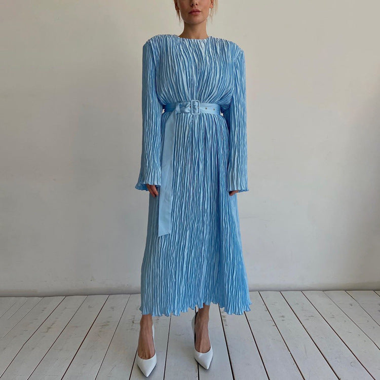 Women Long Sleeved Belt Pleated Dress Office High Sense Loose Maxi Dress