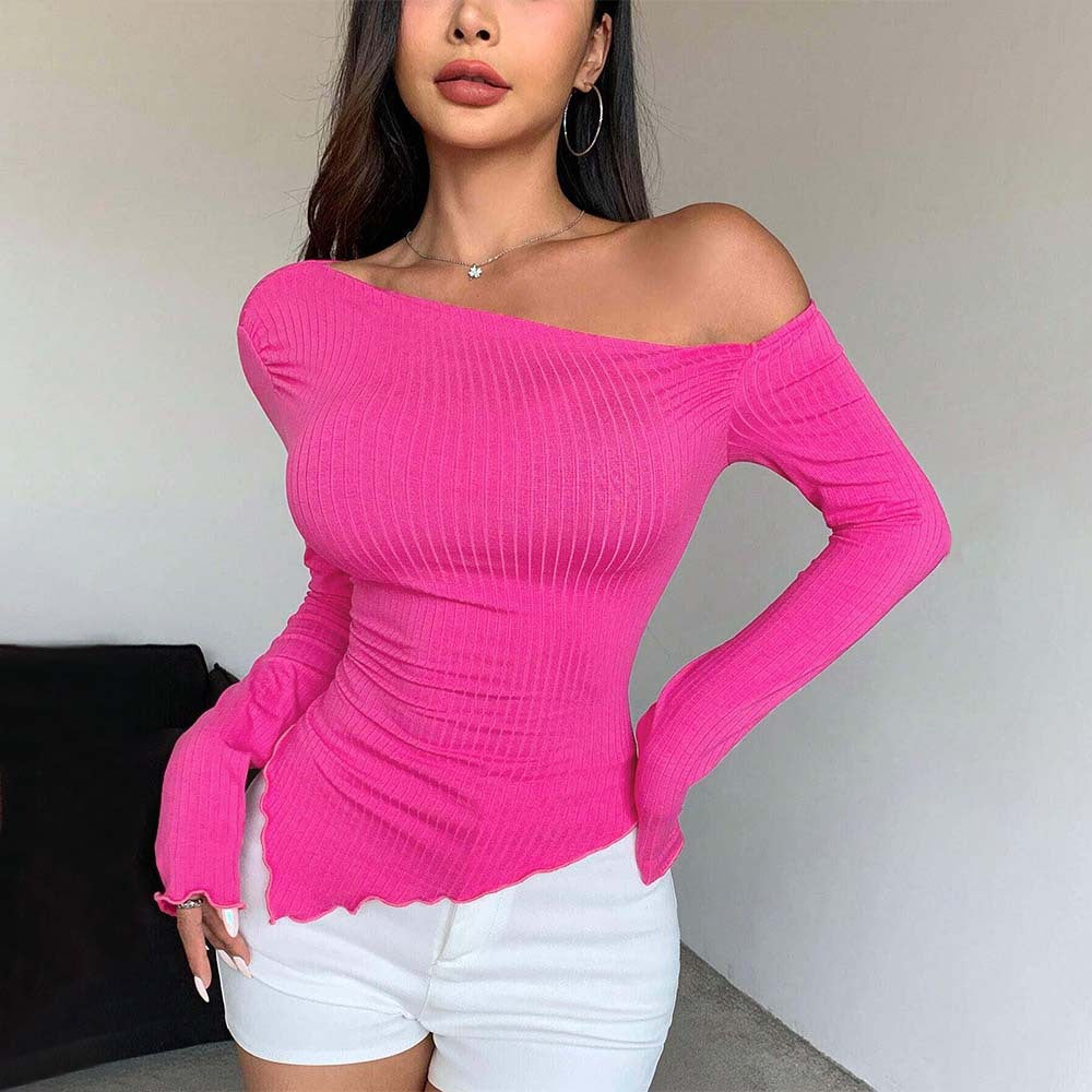 Women Clothing Sexy Rose Red T shirt Autumn Winter Sweet Spicy One Shoulder Cold Shoulder Long Sleeve Short Top Coral Red