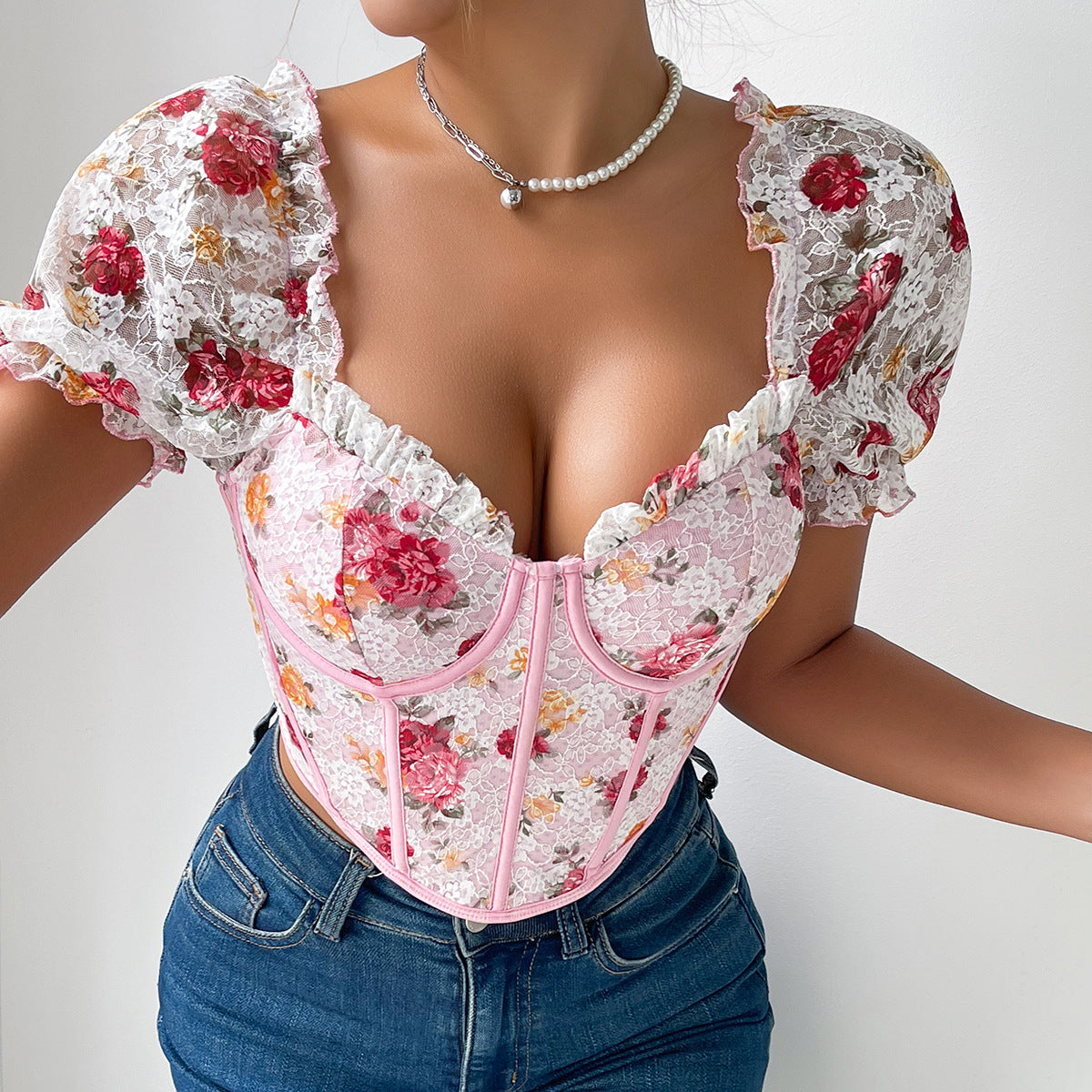 French Women Clothing Puff Sleeve Sexy Floral Short Autumn Boning Corset Top