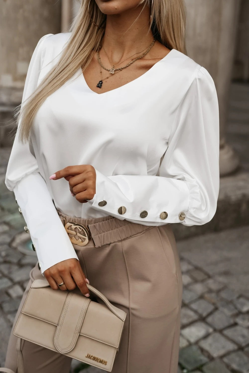 Fall Long Sleeve Button Solid Color V neck Shirt Top Women Clothing White