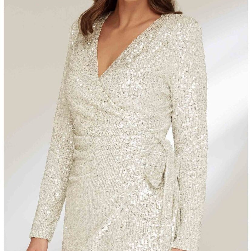 Sequin Office V neck Long Sleeve Lace up Sheath Dress