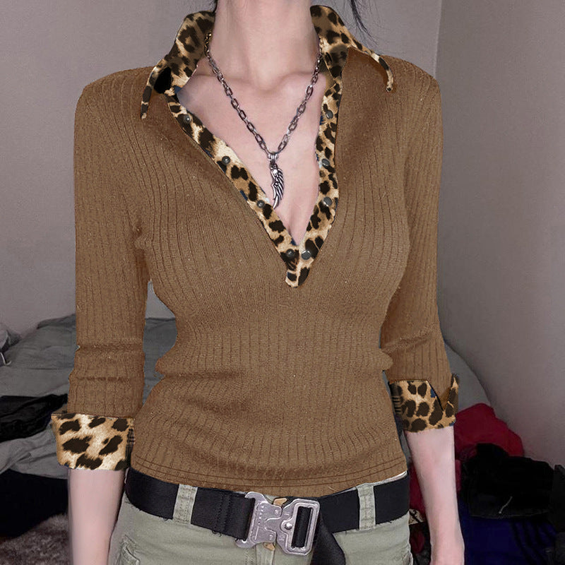 Leopard Print Collared Color Contrast Patchwork Sexy Long Sleeved Shirt Sexy Slim Fit Slimming Sunken Stripe Knitted Bottoming T shirt