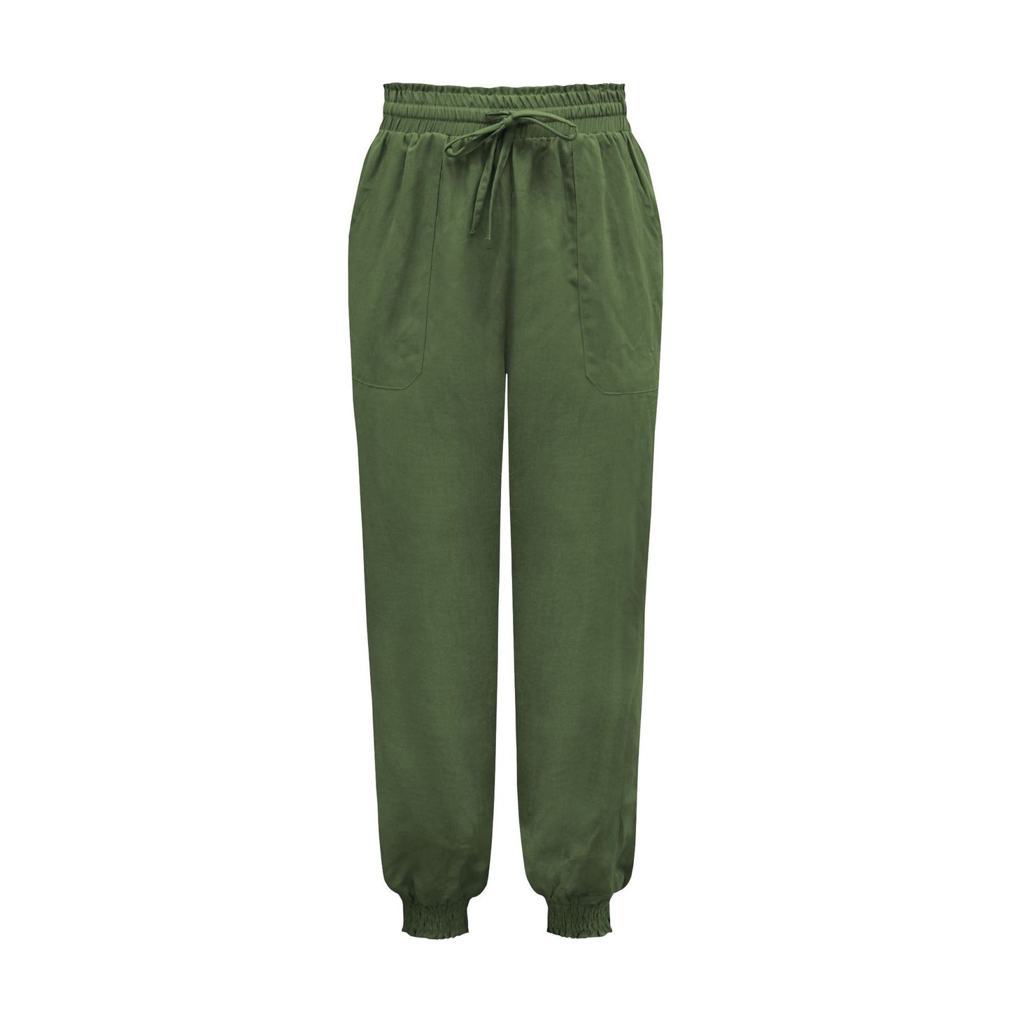 Spring Summer Women Clothing Solid Color Rayon Comfort Casual Trousers Drawstring Elastic Waist Harem Pants Army Green