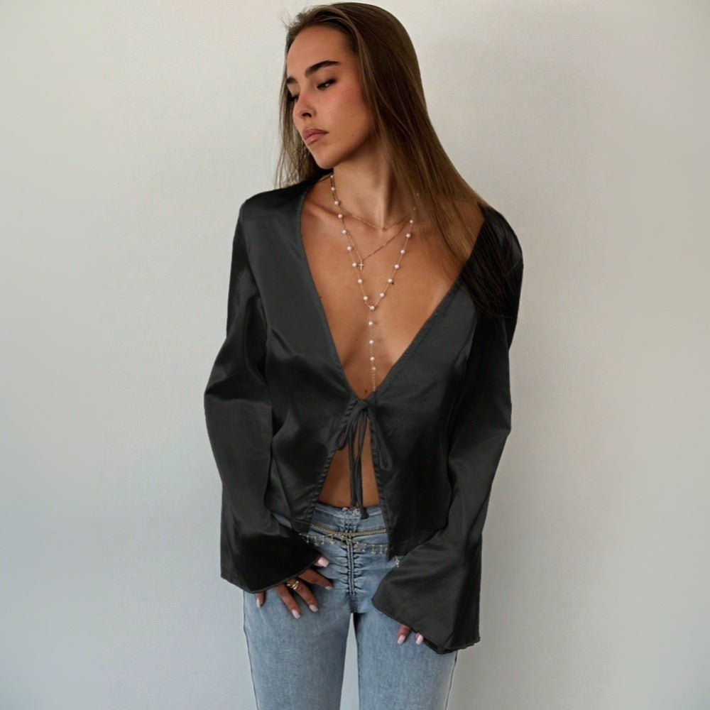 Women Clothing Sexy Cardigan T shirt Autumn Winter Lace up Loose Satin Top