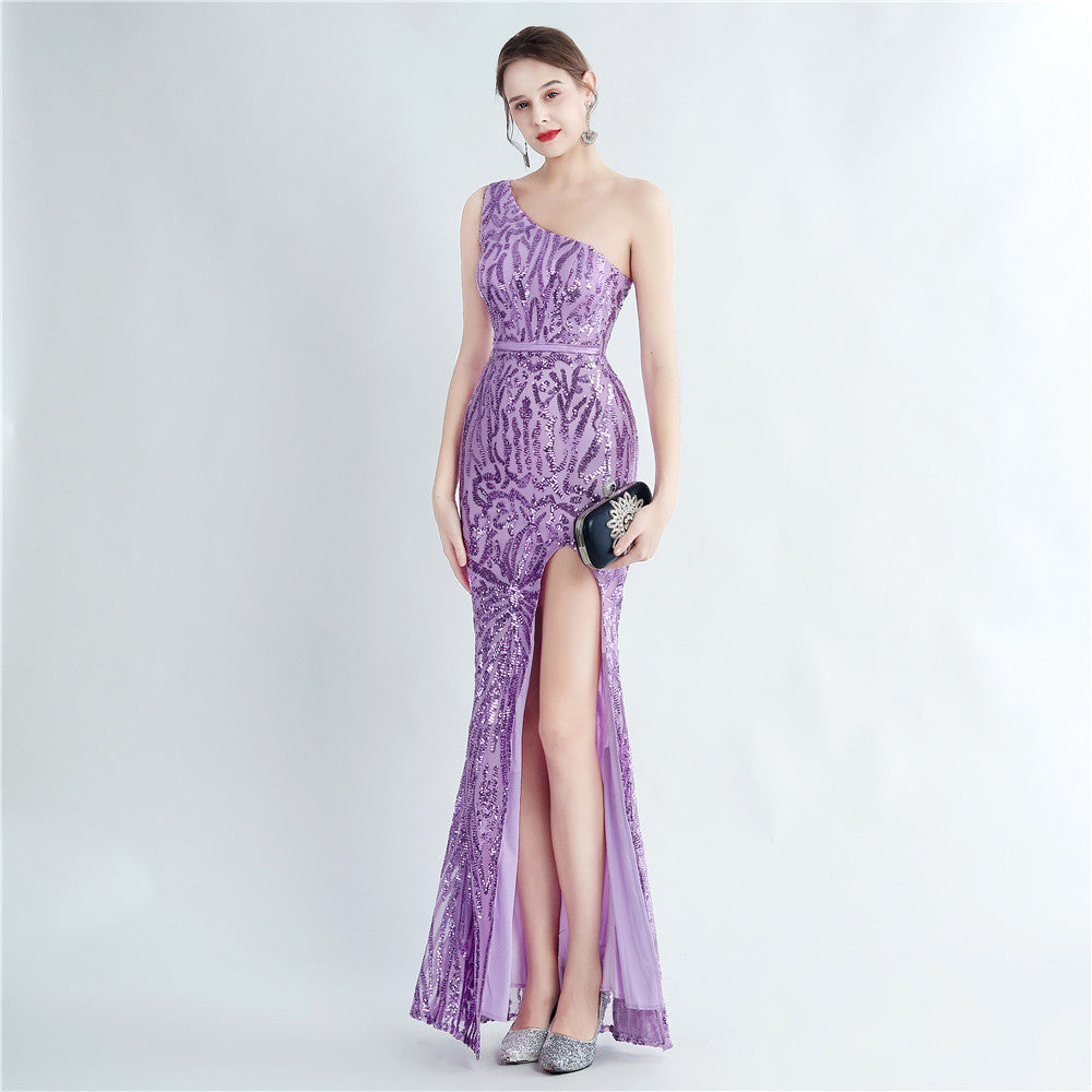 Positioning Floral Sequin One Shoulder Diagonal Collar Side Slit Long Evening Dress