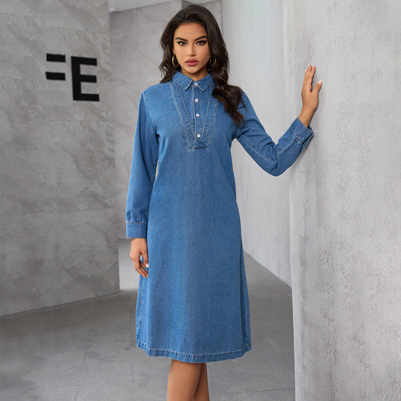 Chinese Stand Collar Women Clothing Elegant Graceful Retro Long Sleeve Denim Midi Dress Dress Women