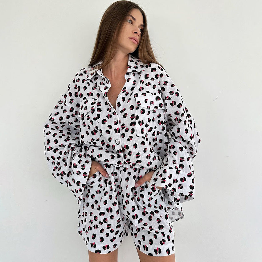 Pure Cotton Printing Long Sleeve Shorts Cardigan Homewear Women Comfortable Skin Friendly Pajamas Can Be Worn outside Red Printing