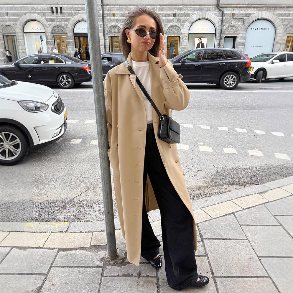 Long Khaki Double Breasted Trench Coat Autumn Winter Coat