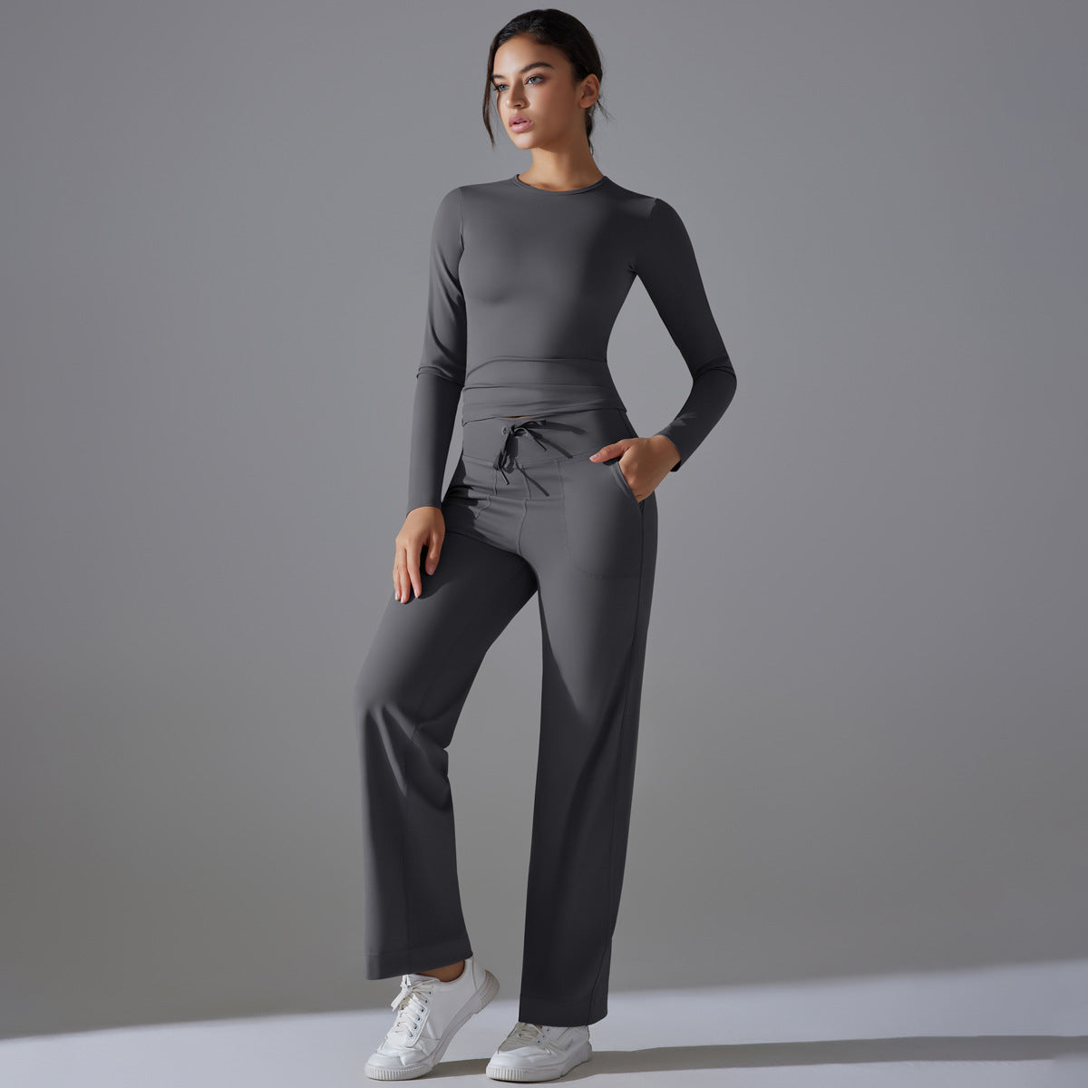 Nude Feel Skin Friendly Long Sleeve Yoga Wear High Strength Workout Clothes Pocket Running Sports Drawstring Wide Leg Pants Sets Dark Gray