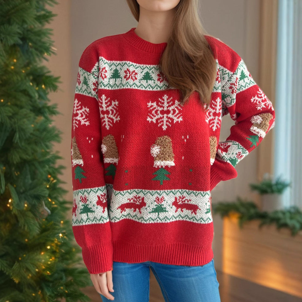 Autumn Winter Christmas Stitching Jacquard Casual Knitted Sweater round Neck Loose Long Sleeves Pullover Red