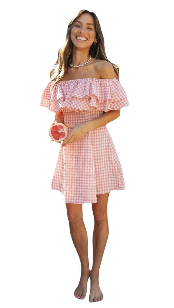 Women Clothing New Plaid off-Shoulder Ruffled Collar Show Fashion Dress