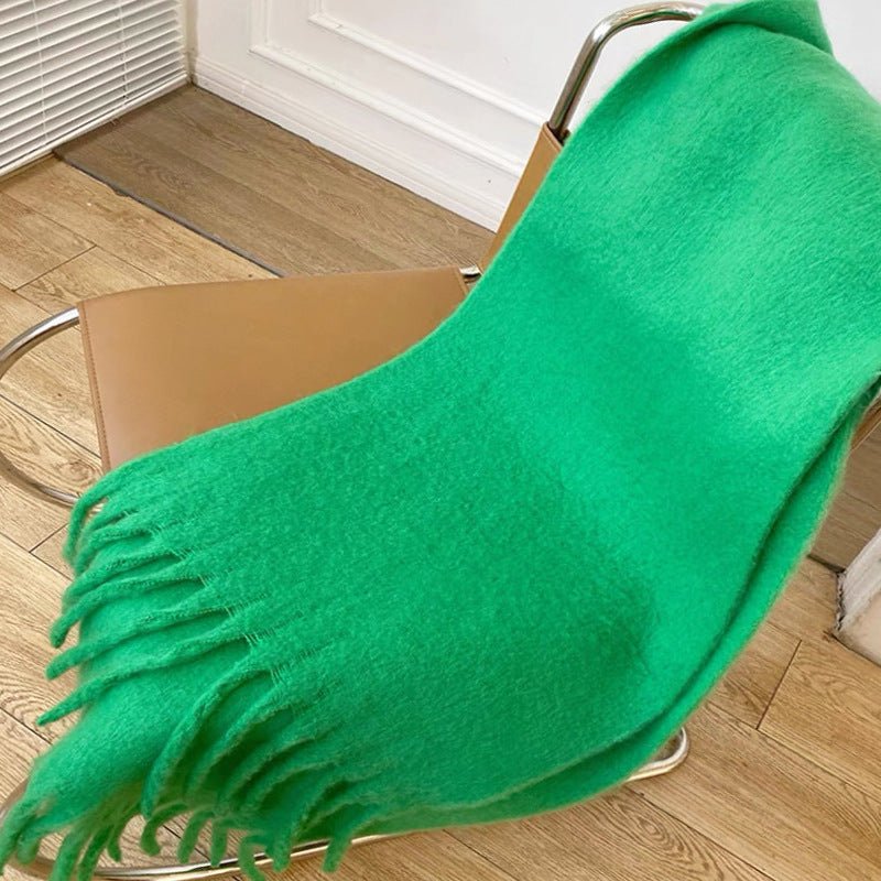 Winter Mohair Cashmere like Solid Color Scarf Lengthen Thicken Thick Tassel Autumn Winter Warm Scarf One Size Grass Green