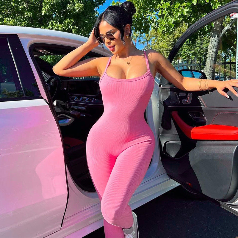 Women Clothing Summer Sexy Backless Slim Fit Solid Color Sling Jumpsuit Pink