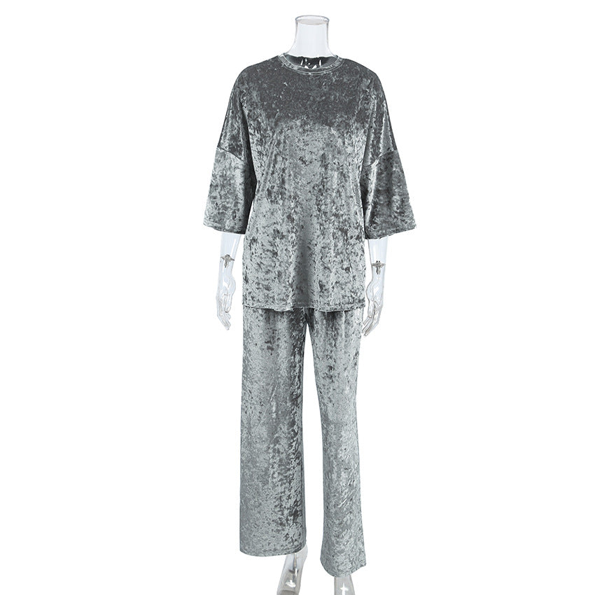 Velvet Autumn Warm Trousers Silver Pajamas Women Loose Casual Homewear Silver