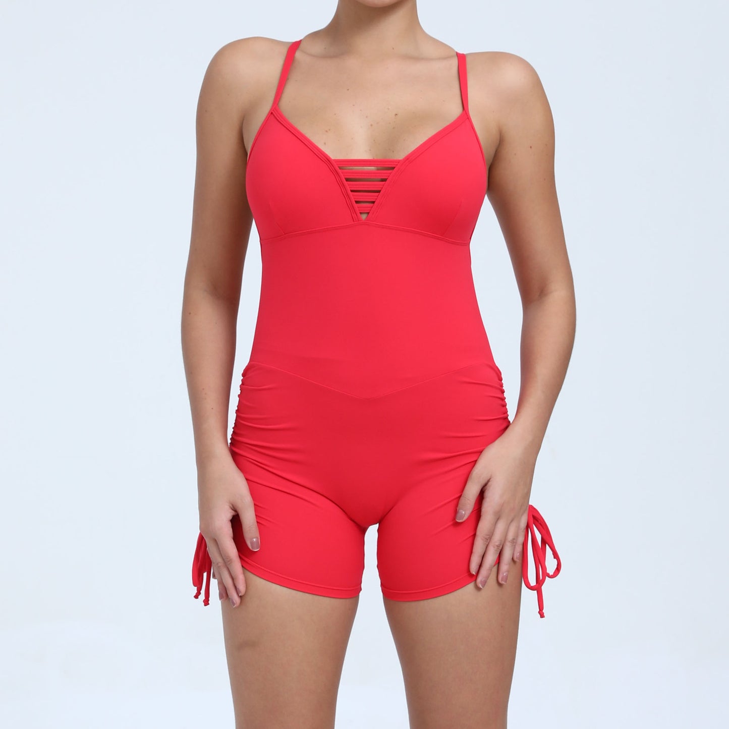 Summer Hollow Out Cutout Out Beauty Back Side Drawstring Yoga Jumpsuit Women Dance Fitness Tight Sports Jumpsuit Red