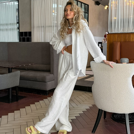 Cardigan Long Sleeve Trousers White Loose Cotton Pajamas Women Autumn Winter Casual Suit Can Be Worn Outside