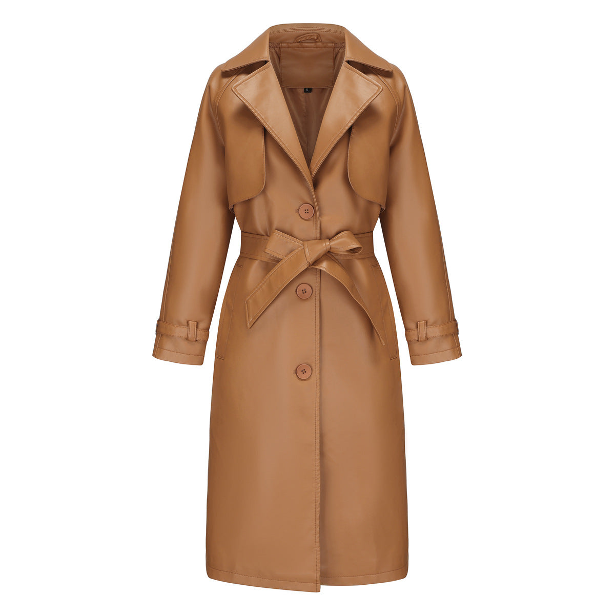 Spring Autumn Women Trench Coat Long Loose Jacket Faux Leather Coat Women Oversize Classic Turn down Collar Coat Containing Belt camel