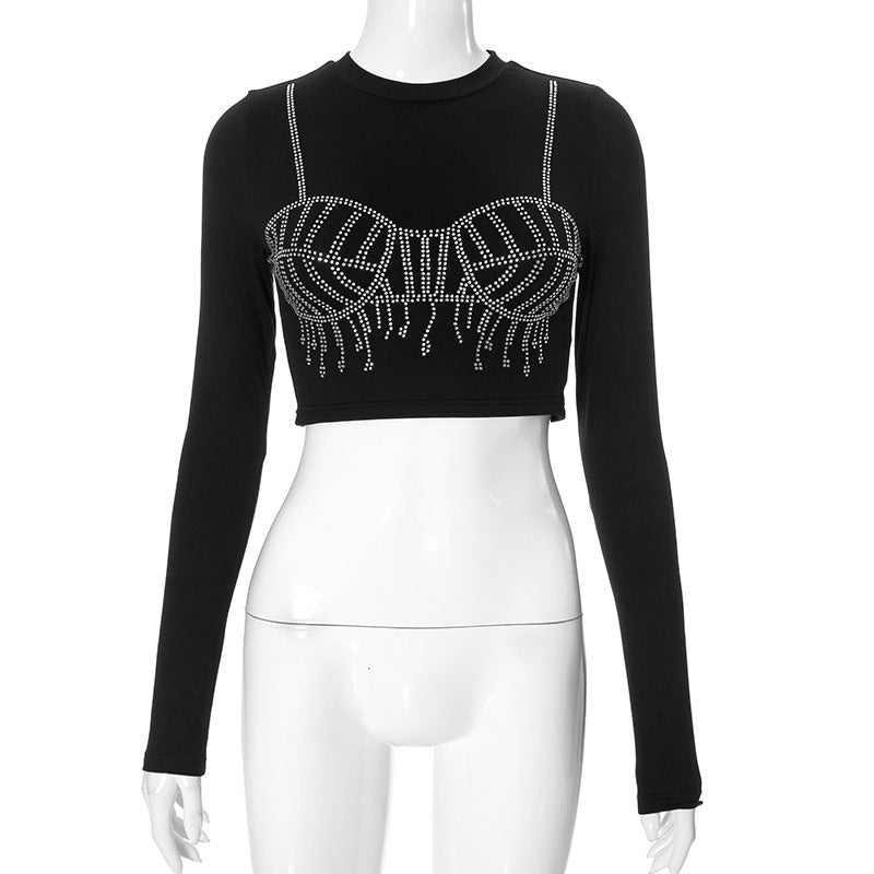 Women Clothing Crew Neck Casual Rhinestone Pattern Long Sleeve Crop Top Short Top Black