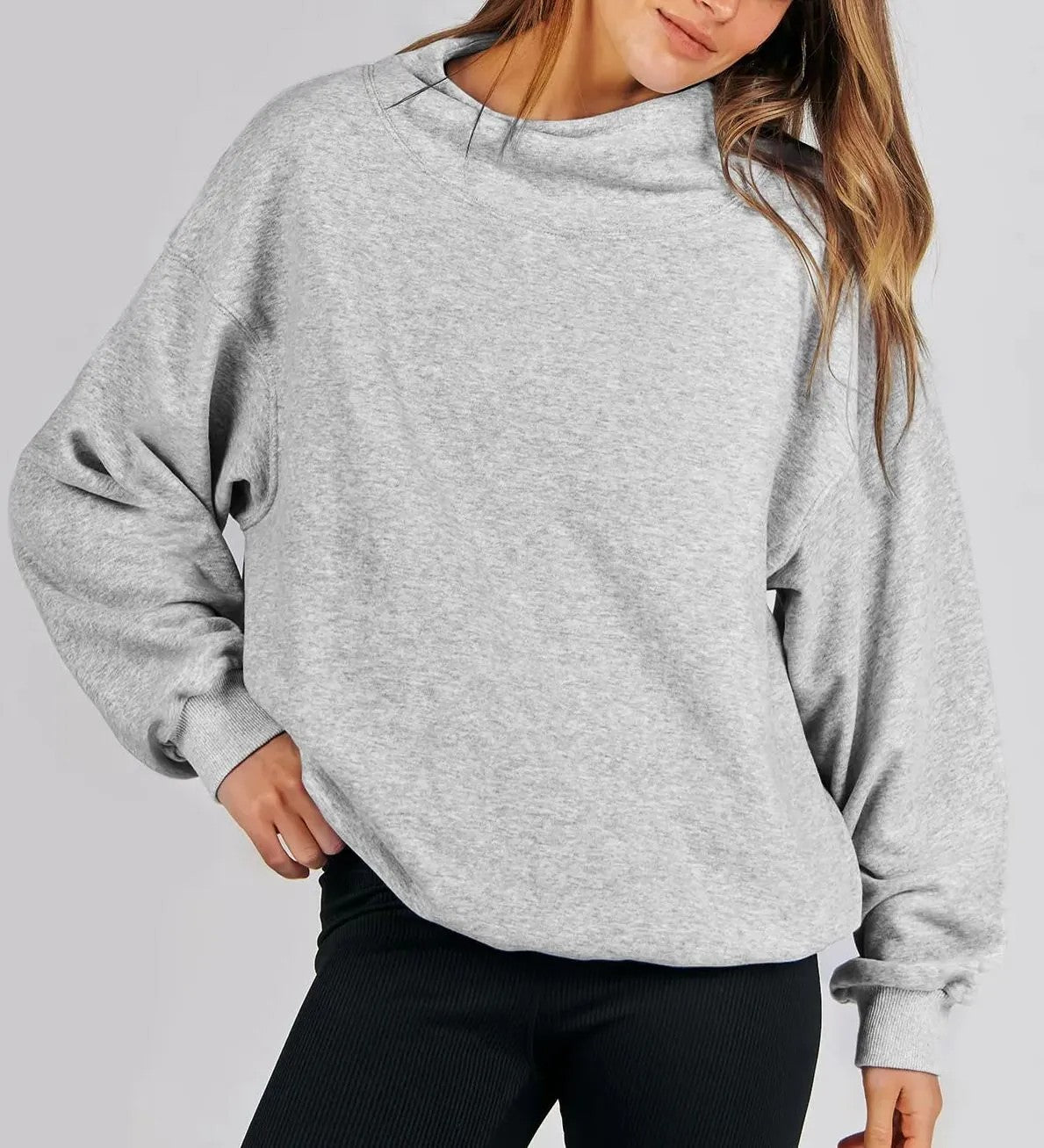 Autumn Winter Women Solid Color Stand Collar Sports Sweater Light Gray