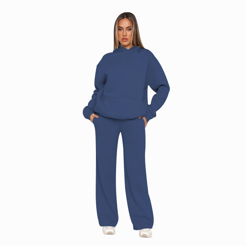 Autumn Winter Solid Color Long Sleeved Hooded Sweaters Women Clothing Casual Wide Leg Pants Sets royal blue