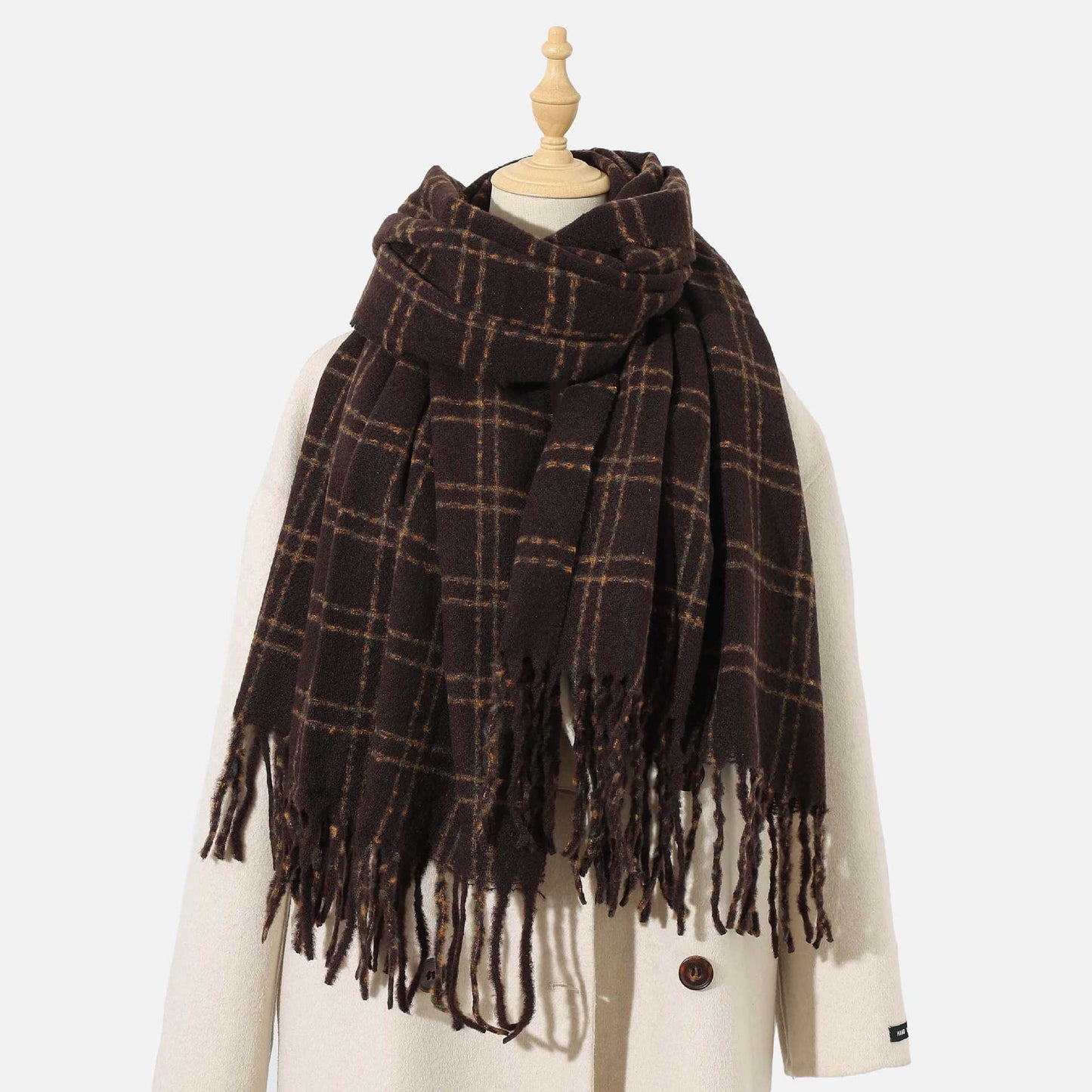 Women Color Matching Plaid Scarf Warm Thickened Winter All Matching Atmosphere Scarf One Size Brown