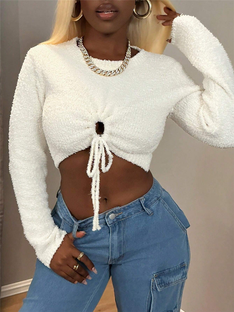 Autumn Winter Slim Fit All Matching Short Plush Hollow Out Cutout Drawstring Lace Long Sleeve Women Sweater White