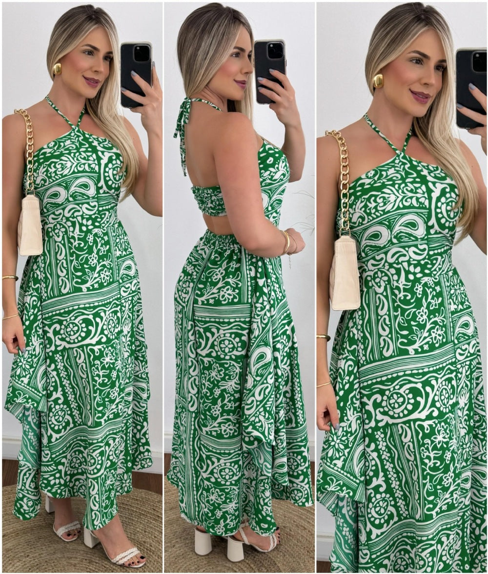 Spring Summer Southeast Asia Vacation Personalized Digital Printing Halter Tube Top Thin Strap Dress Green Abstract Printed Dress