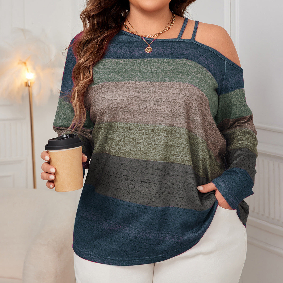 Plus Size Off Shoulder Loose Long Sleeve Shirt Diagonal Collar Color Matching Top Shirt Blue