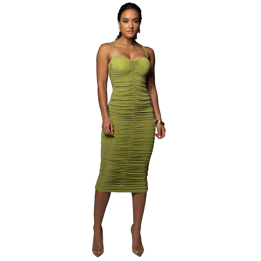 Sling Pleated Dress Tube Top Spring Summer Women Clothing Green