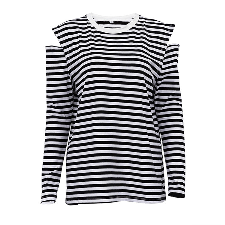 Summer Women Clothing Striped Crew Neck Long Sleeves off Shoulder Loose Fitting T shirt Top Women