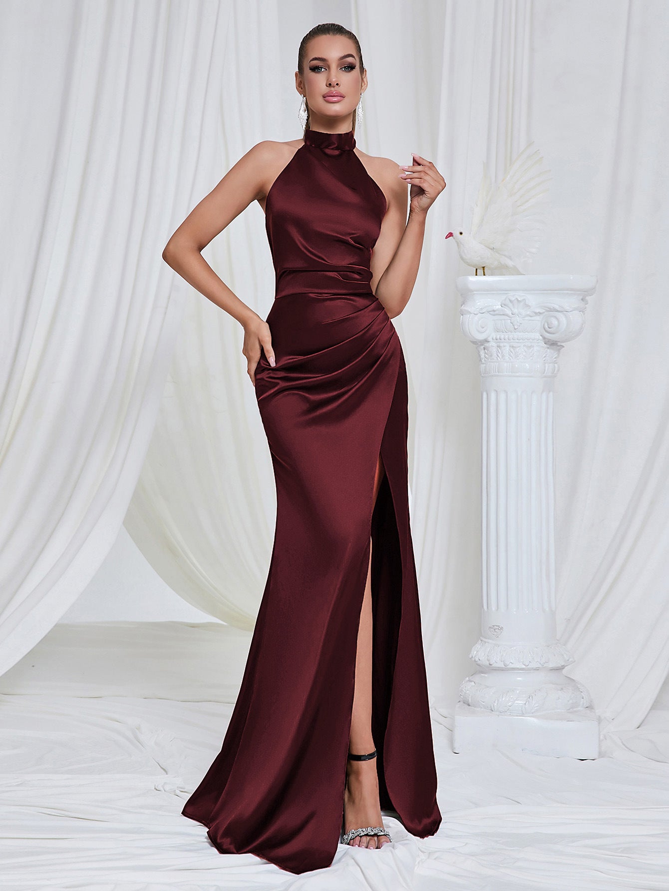 Halter Backless Elegant Slim Fit Dress Long Slit Mop Dress Burgundy