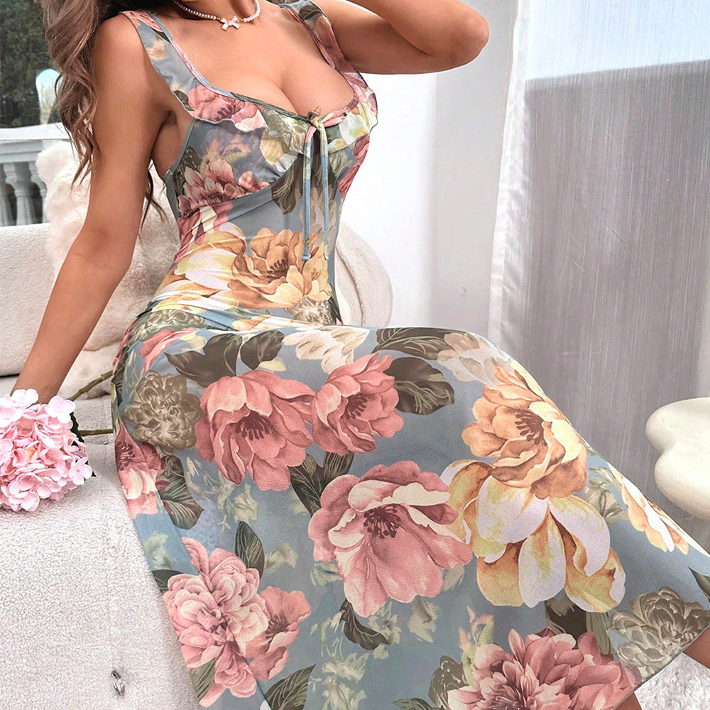 Sexy Pajamas Women Floral Print Dress Maxi Dress Printed Color