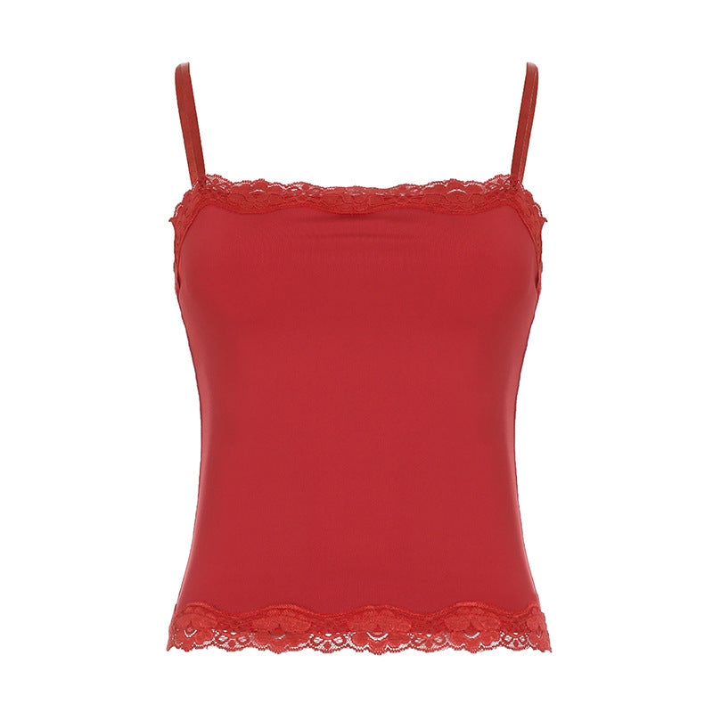 Summer Sexy Lace Spaghetti Strap Top Skinny Short Tube Top Sexy Basic All Matching Vest Red