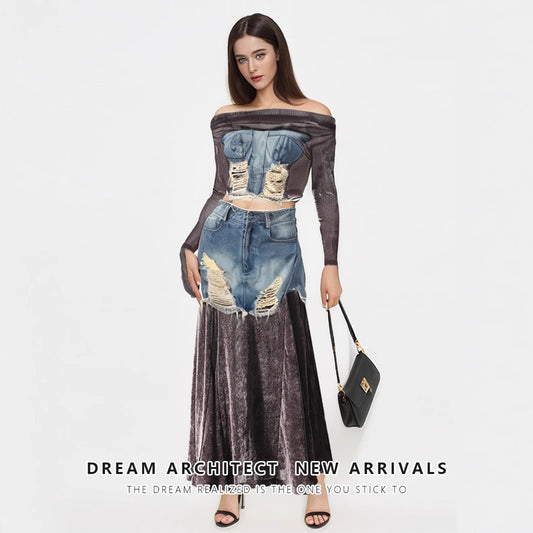 Retro Denim Stitching Worn off Shoulder Pleuche Long Sleeve Women Sexy Crop Top Bottoming Top Skirt Set