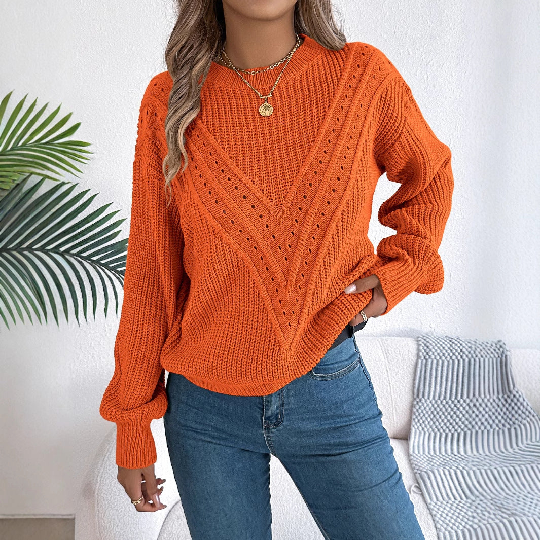 Real Shot Autumn Winter Casual Solid Color V Shaped Hollow Out Cutout out Lantern Sleeve Pullover Sweater Women Clothing