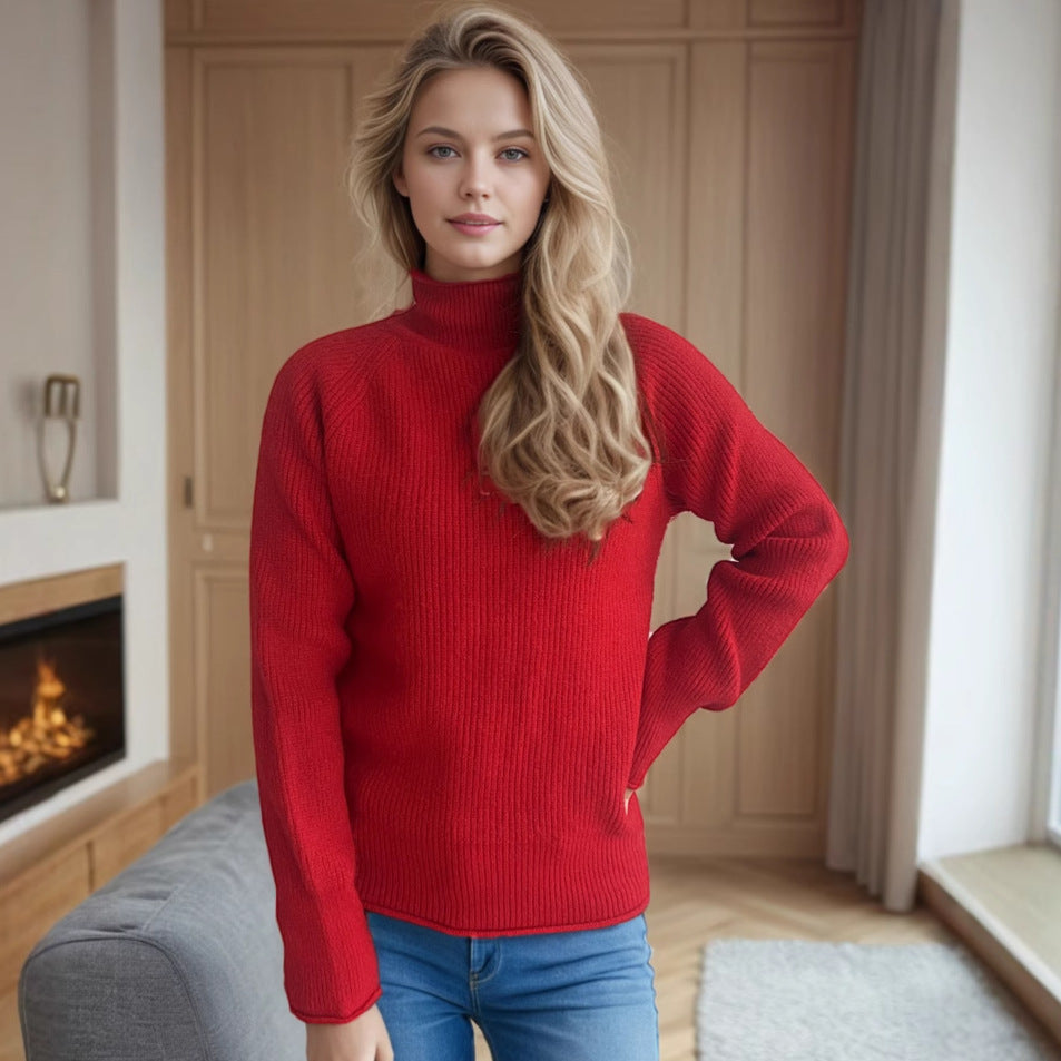 Women Clothing Winter Keep Warm Solid Color Sweater Half Turtleneck Slim Fit Long Sleeve Pullover Red