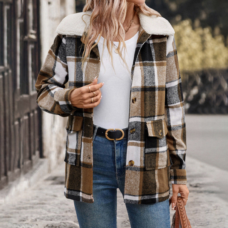 Autumn Winter Women Brushed Collared Plaid Coat Women