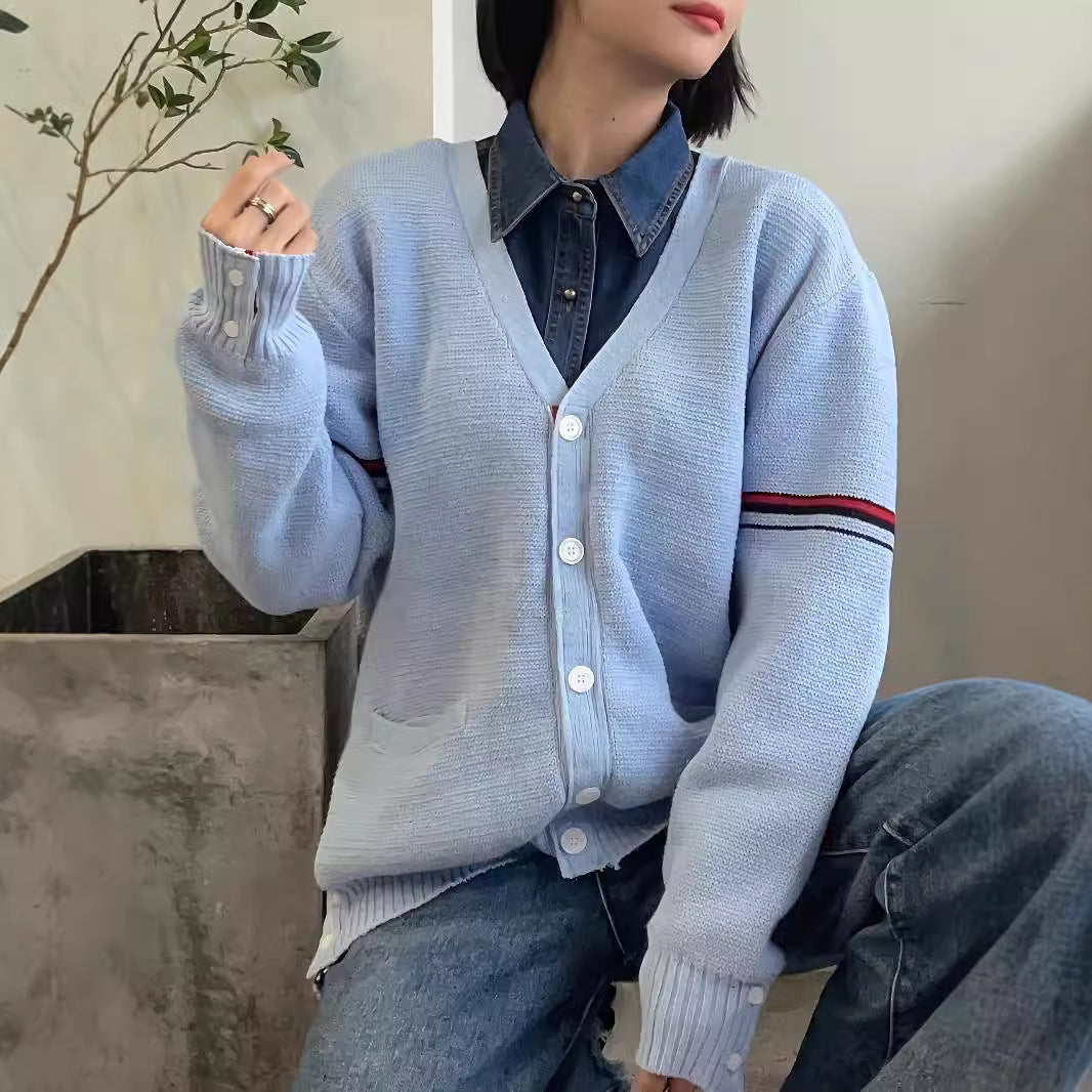 Knitted Cardigan Sweater Button V neck Four Bars Long Sleeve Outdoor Loose Top Women