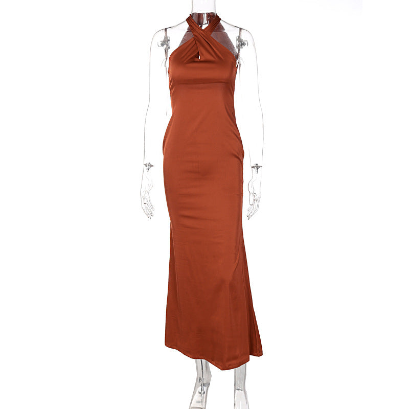 Sexy Solid Color Slim Sleeveless Backless Dress Women Brown