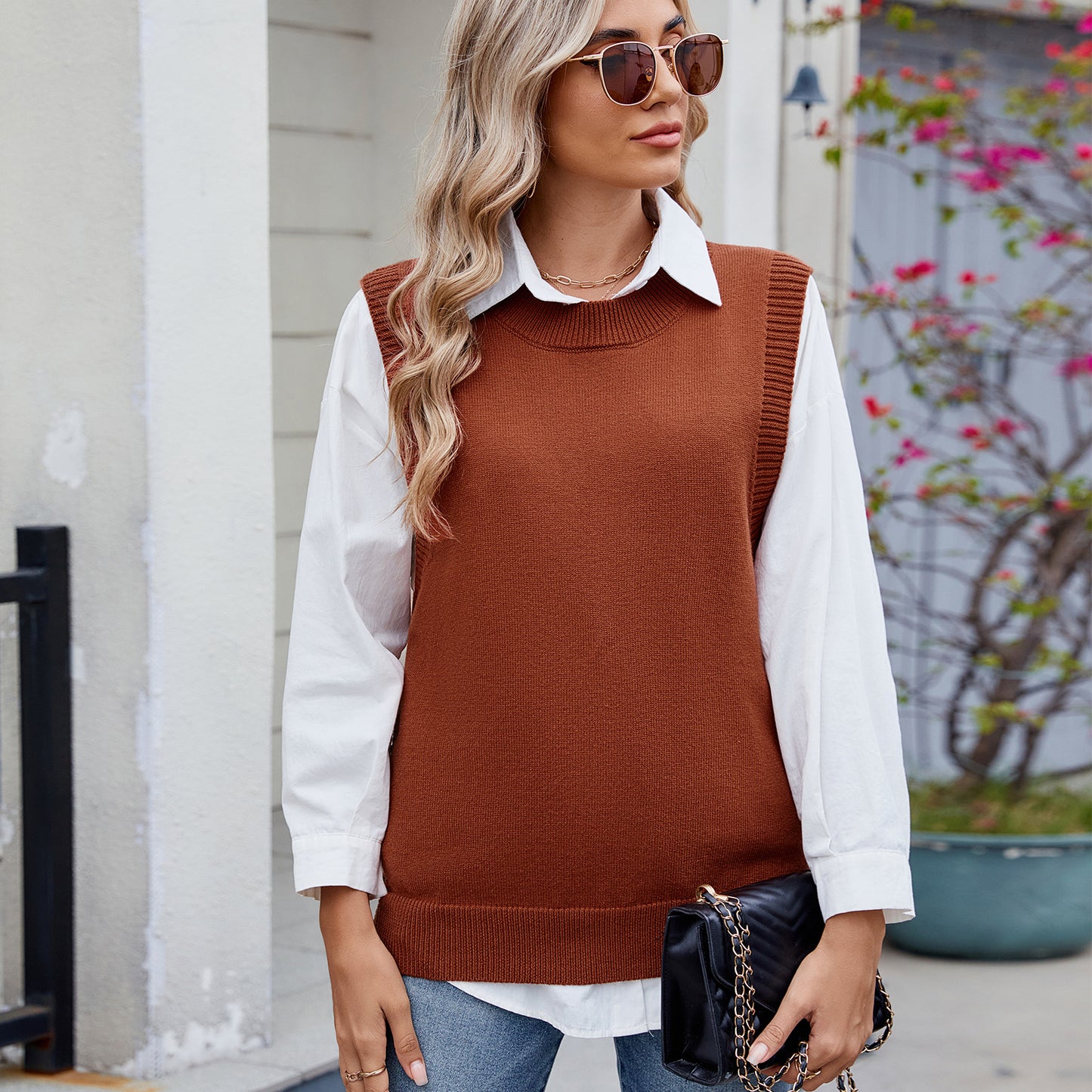 Casual Solid Color Buttons Decorative Slit Women Knit Shirt Sweater Brown